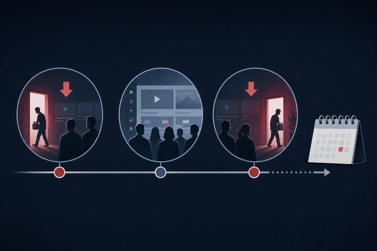 Conceptual timeline showing Netflix’s 2022 layoffs and planned 2026 workforce reduction before earnings.