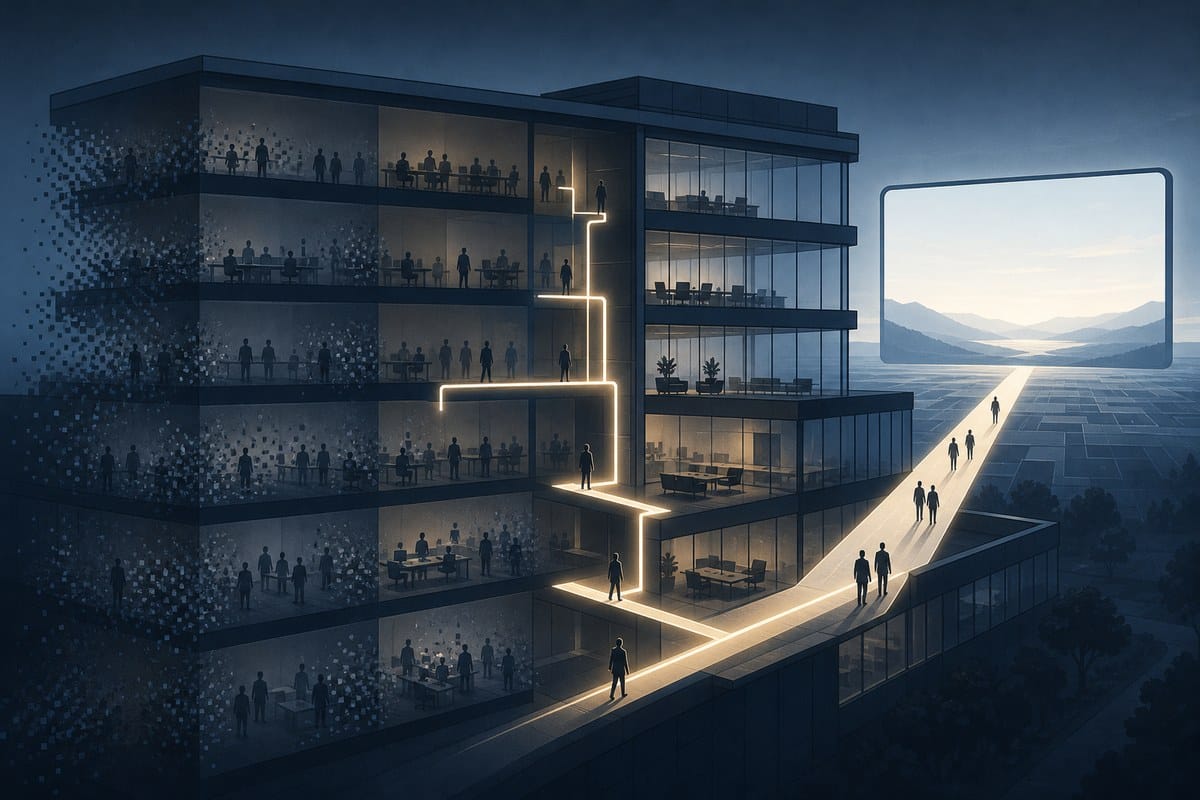 Editorial illustration of an office workforce grid narrowing into selected illuminated paths.