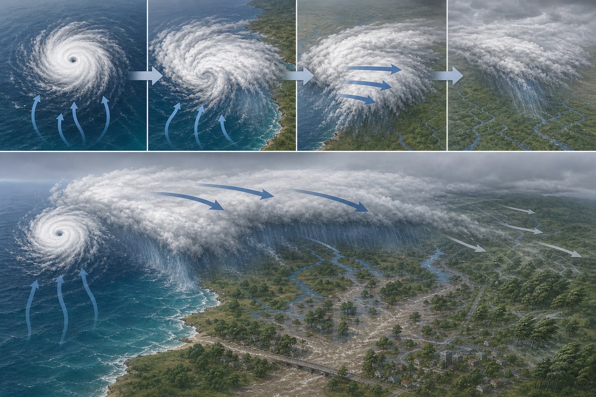 Conceptual illustration showing a tropical cyclone changing into a broader inland rain and wind system.