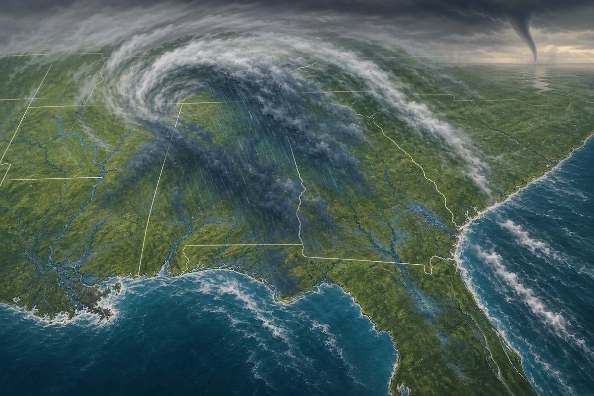 Editorial illustration of rain bands and flooding hazards spreading across the Southeast after a weakening storm.