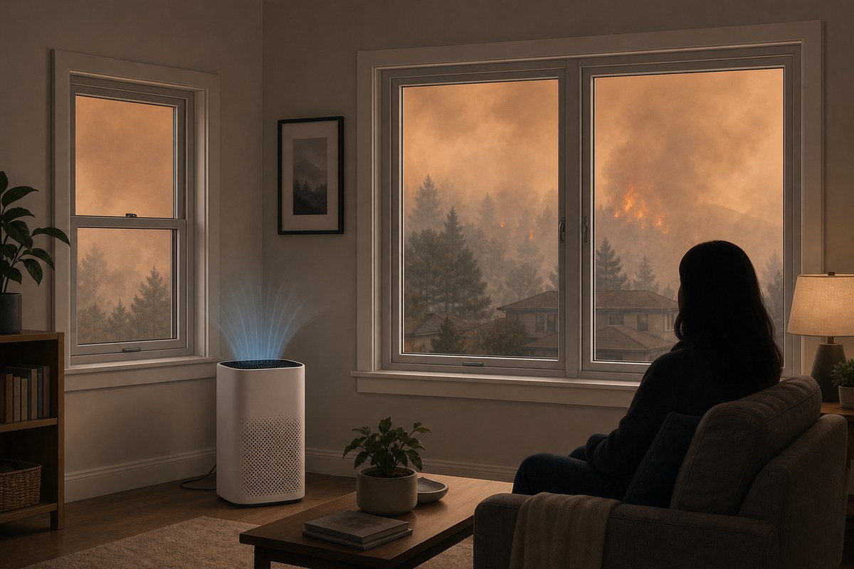 Illustration of a home reducing indoor exposure during wildfire smoke