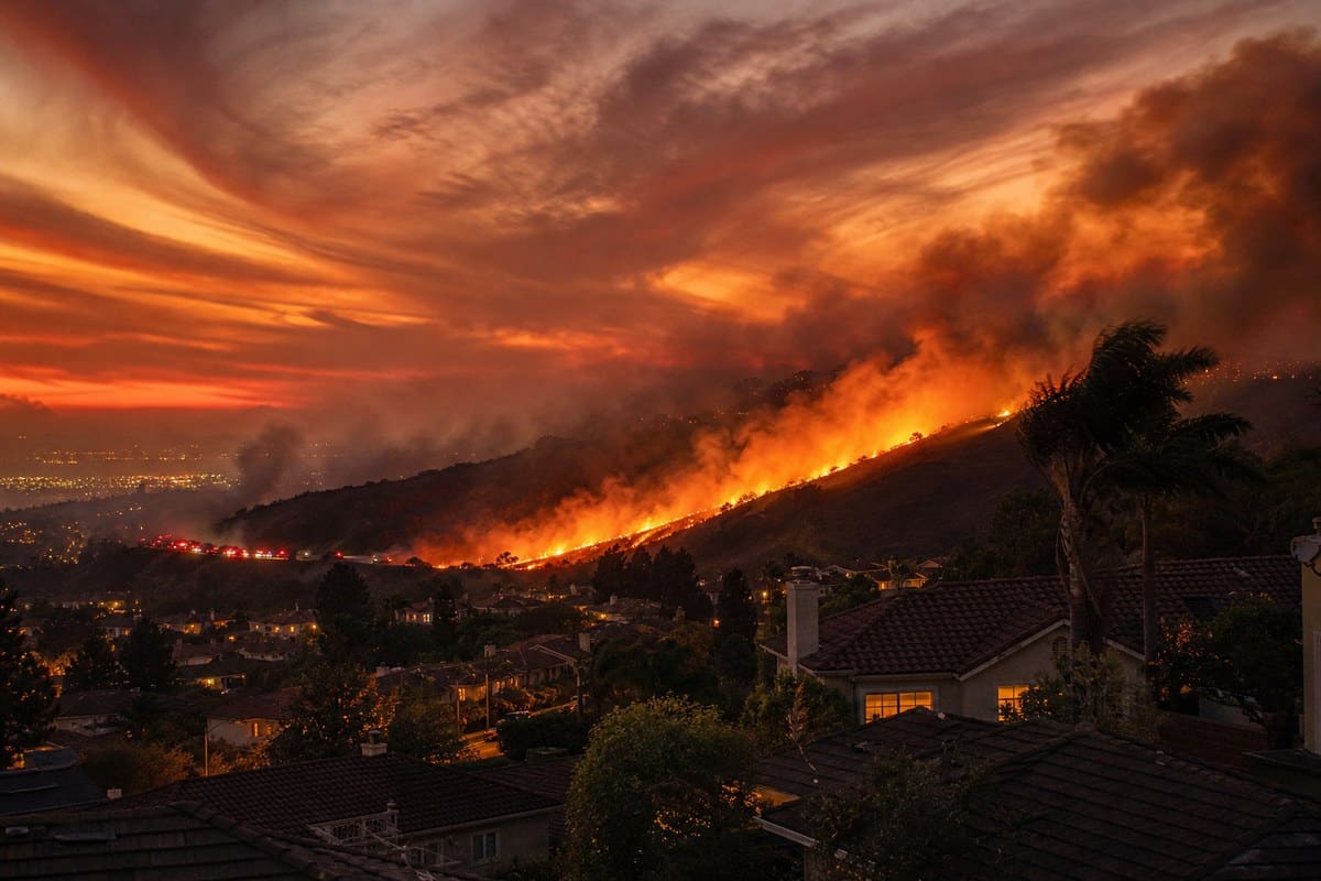 Wind-driven wildfire burning on a hillside near south Orange County homes at dusk