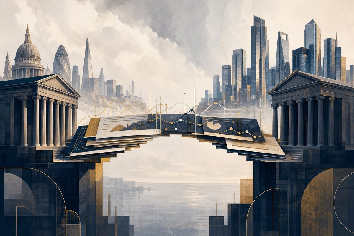 Abstract illustration of two financial institutions connected across London and global markets