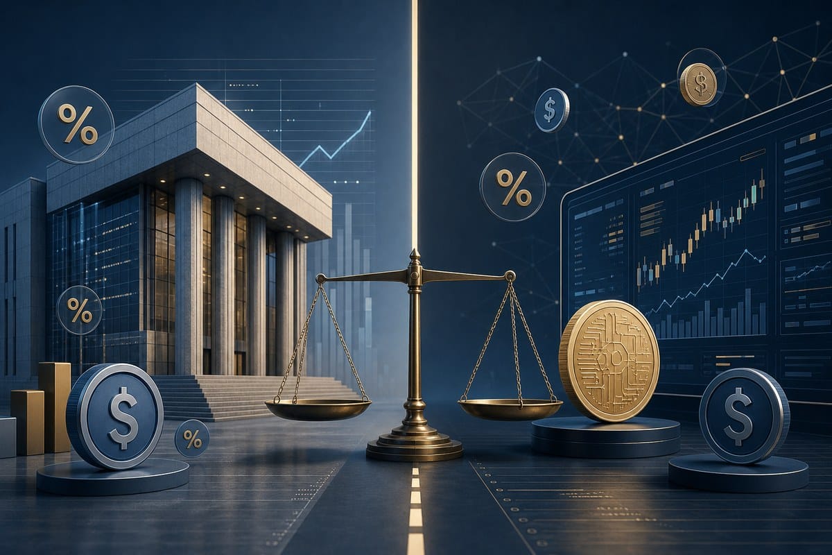 Editorial illustration of a bank and digital stablecoin platform divided by a regulatory boundary.