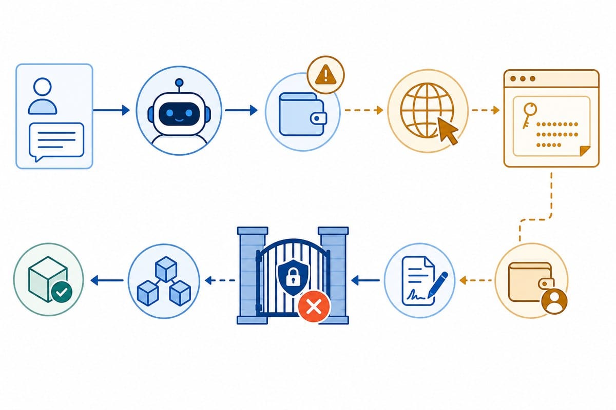 Diagram showing an AI agent reaching a third-party test wallet through an exposed recovery phrase.
