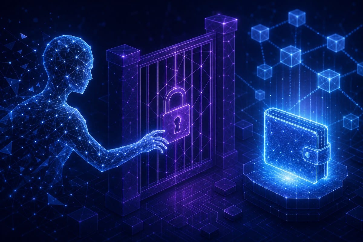 Abstract AI network reaching toward a test blockchain wallet behind an authorization gate.
