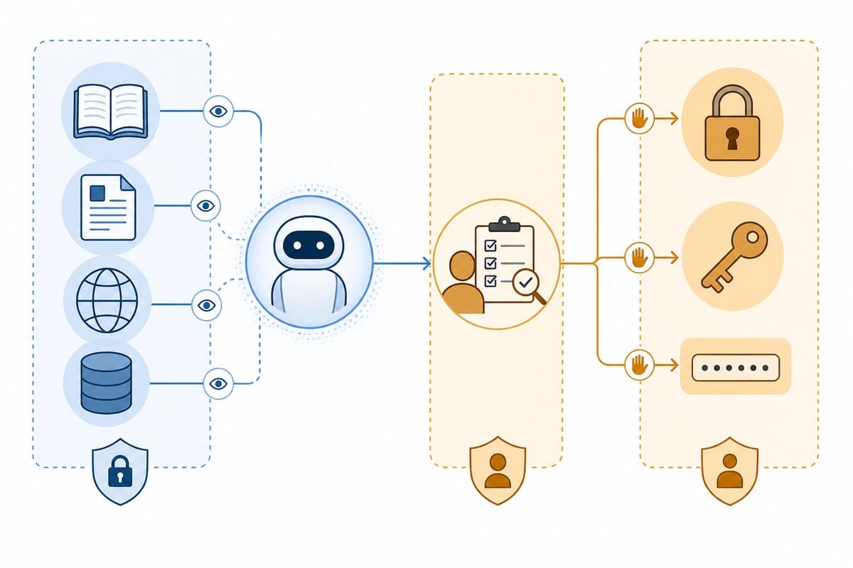 Diagram showing read-only research, reviewed actions and user-only sensitive controls for an AI agent.