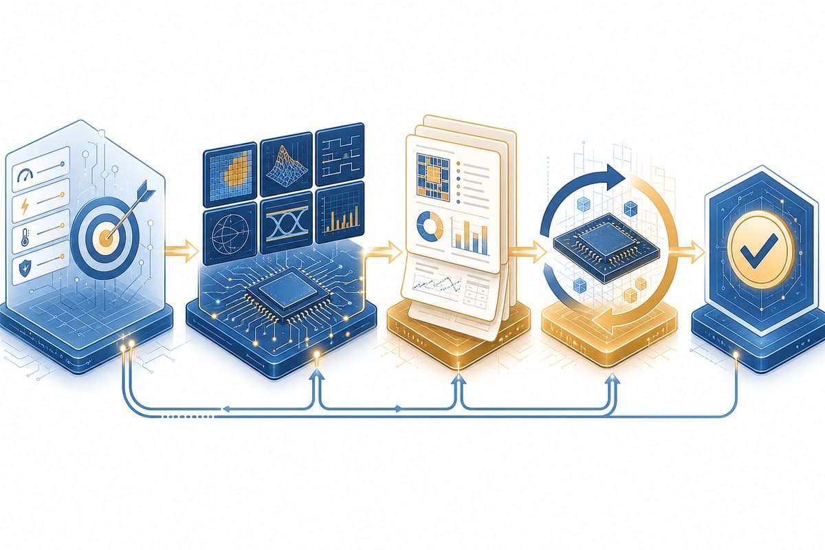 Conceptual workflow linking chip-design goals, analysis tools, iterative reports and engineer review