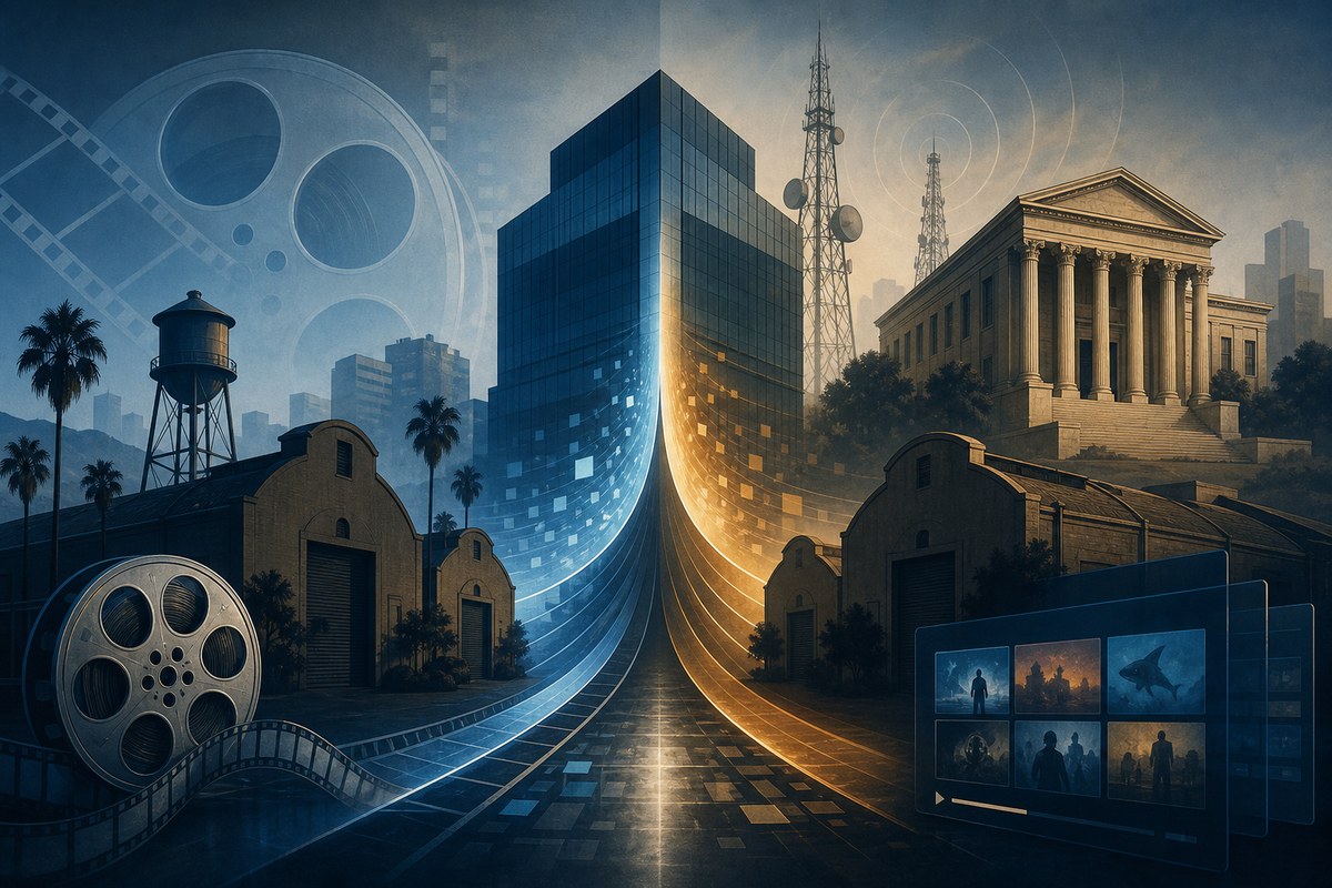 Illustration of converging film studio, streaming, broadcast and courthouse symbols.