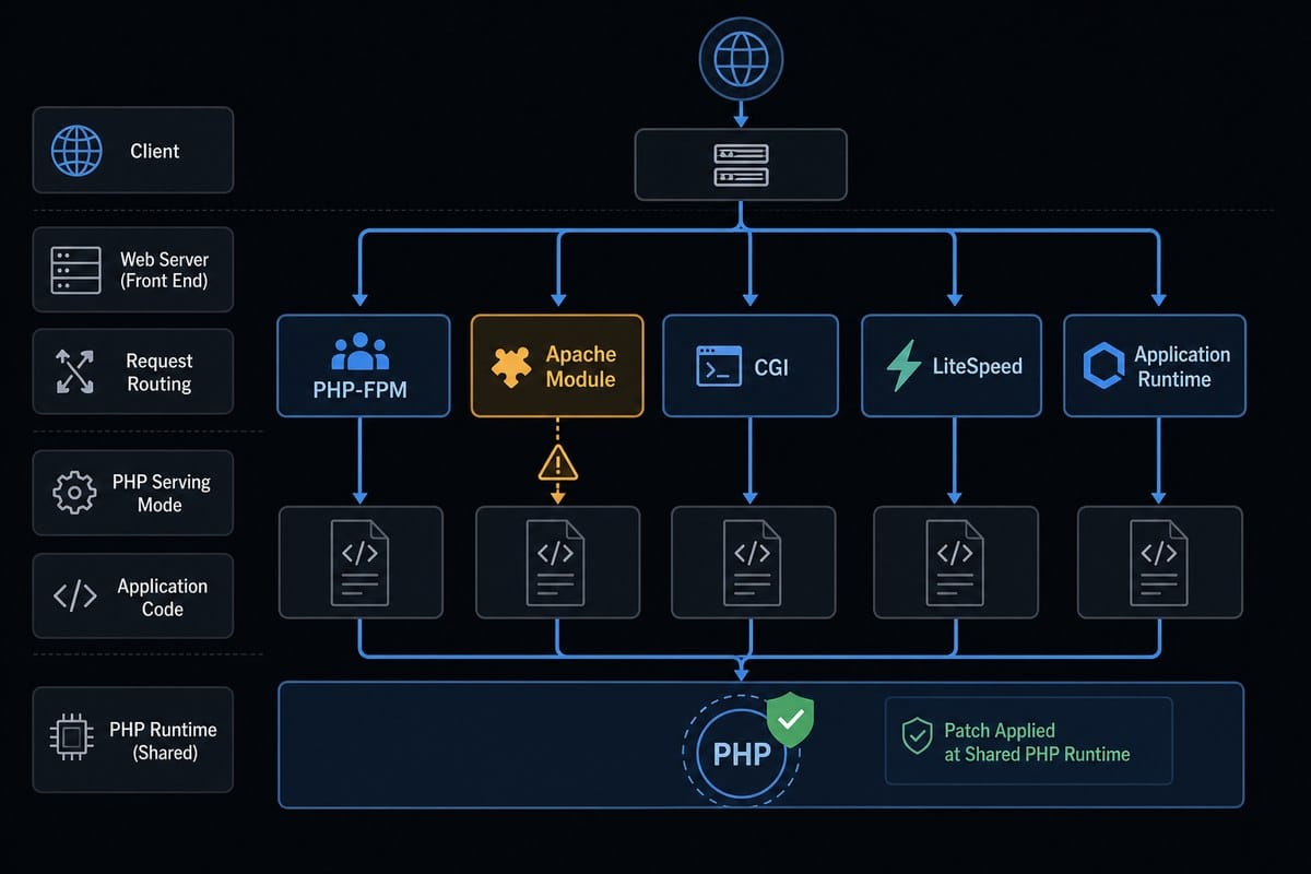 Diagram showing web requests reaching several PHP server modes before application code.