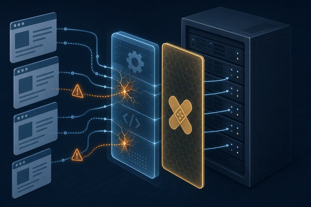 Editorial illustration of a web server runtime receiving security patches after two critical faults.