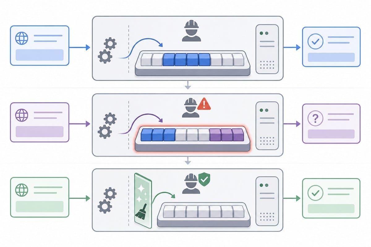 Diagram showing separate web requests handled by one worker and a state reset preventing stale memory access.
