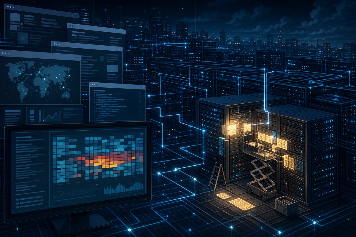 Abstract web servers and application workers undergoing a security patch.