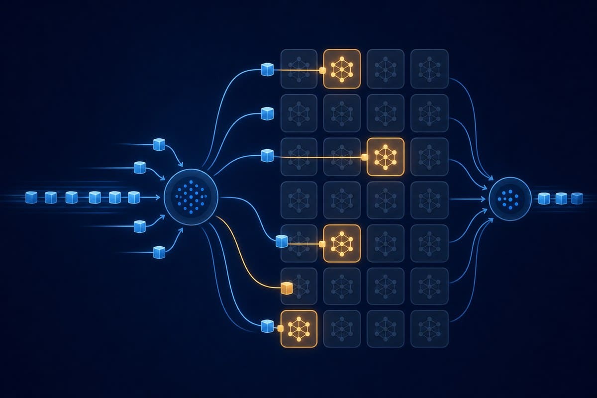 Conceptual diagram showing an AI router selecting a few expert modules from many