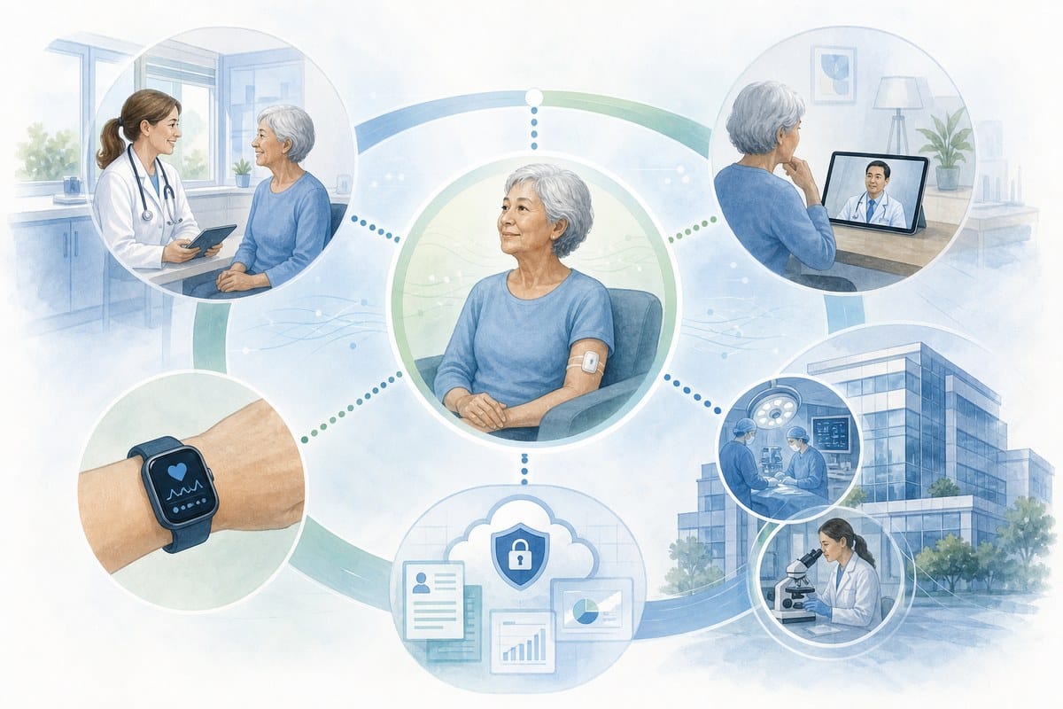 Conceptual diagram showing local trial care linked to remote monitoring and a specialty medical center.