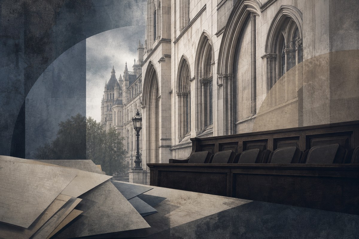 Stylized illustration of a London courthouse with abstract legal papers and a jury-box silhouette.
