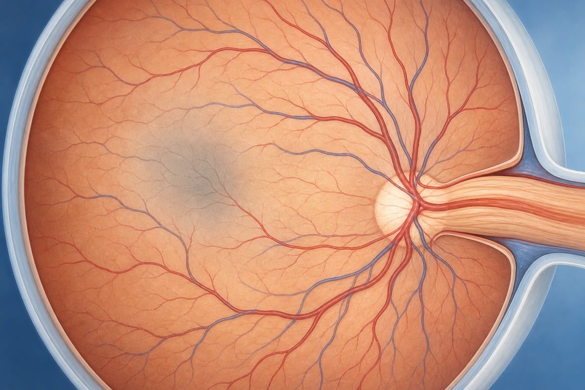 Illustration showing the optic nerve and reduced blood flow near its connection to the eye.