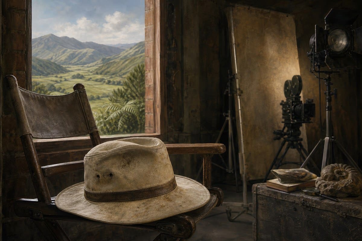 A paleontologist-style field hat on a chair beside a softly lit film set with green hills outside.