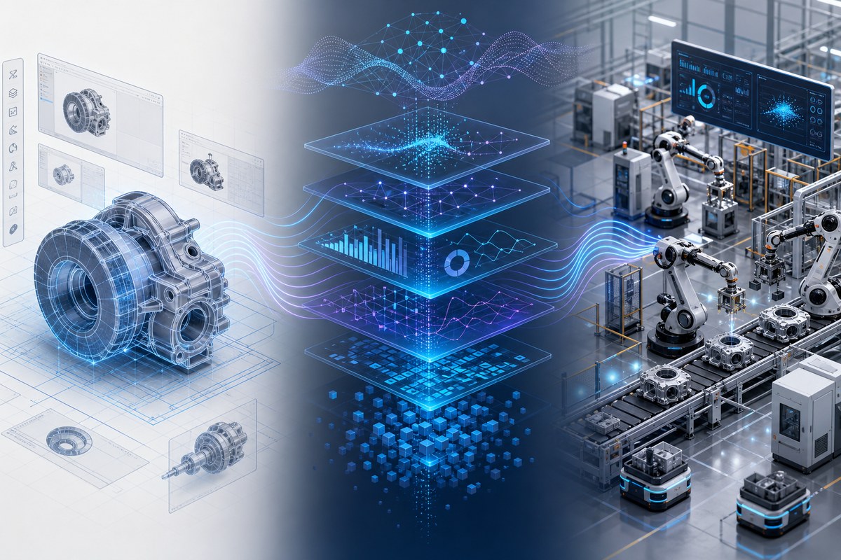 Conceptual flow from product design data through lifecycle software to factory automation.