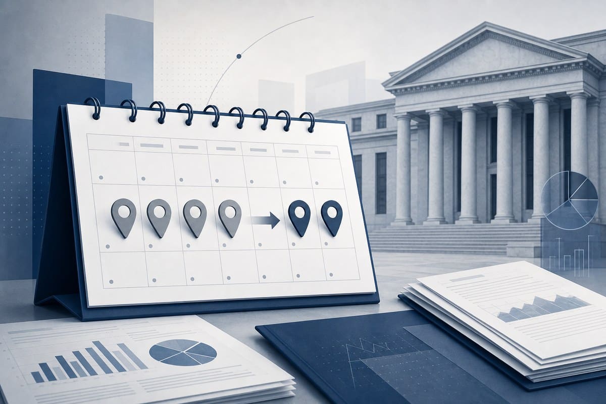 Abstract corporate reporting calendar shifting from quarterly to semiannual filings.