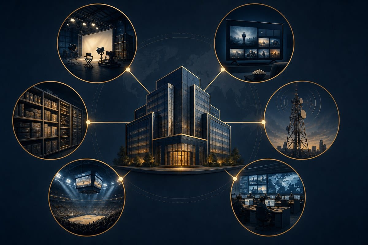 Conceptual diagram of a media owner linking studios, streaming, news and sports