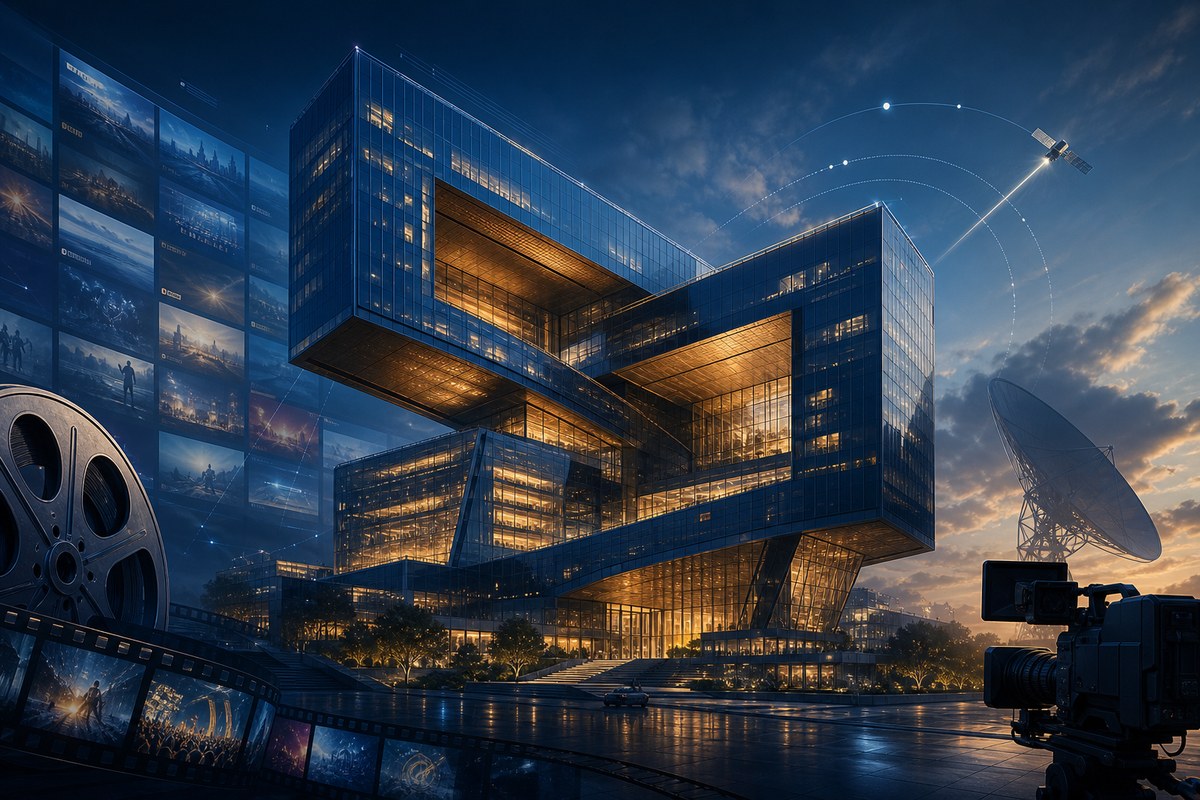 Abstract media campus combining film, streaming and broadcast elements