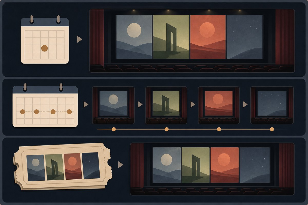 Conceptual illustration of same-day, monthlong and ticket-bundle release patterns for four films.