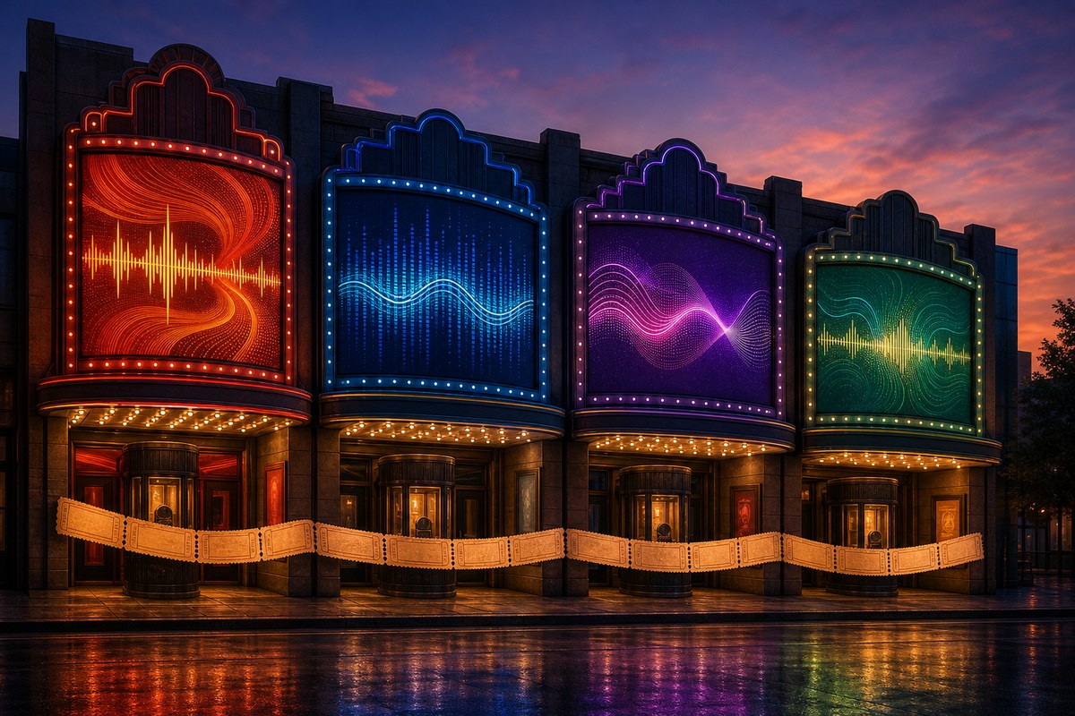 Four glowing cinema entrances connected by a long strip of tickets.