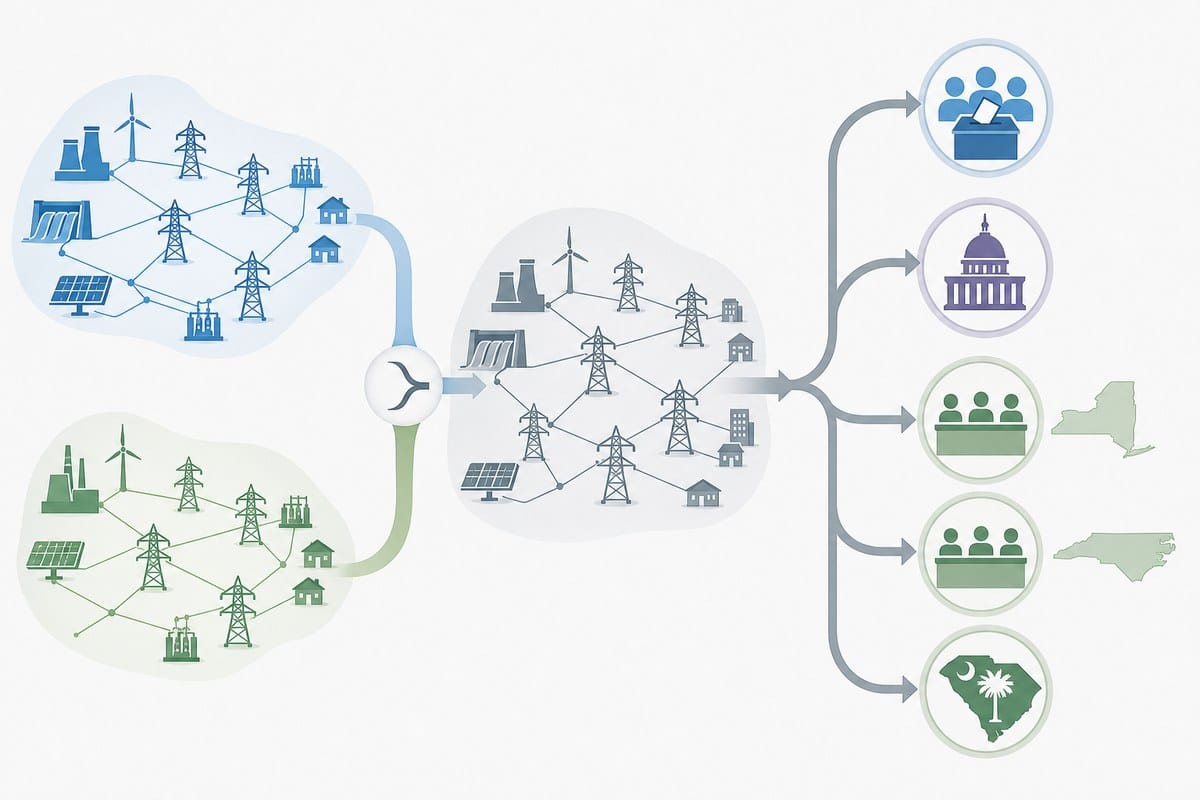 Conceptual diagram of utility merger approvals moving through shareholder, federal and state reviews.
