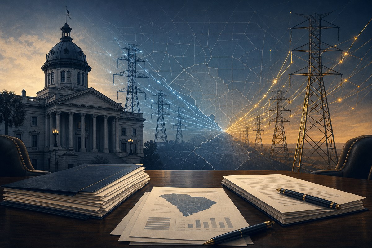 Illustration of the South Carolina State House, utility transmission lines and briefing papers.
