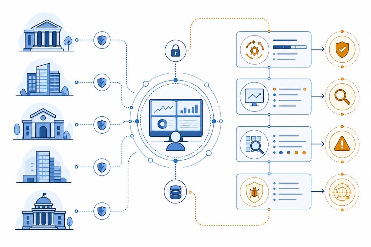 Conceptual diagram of financial firms connected to monitoring, patching and vulnerability assessment systems.