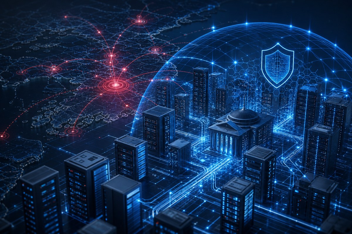 Abstract financial network with breach alerts and a strengthening security grid.