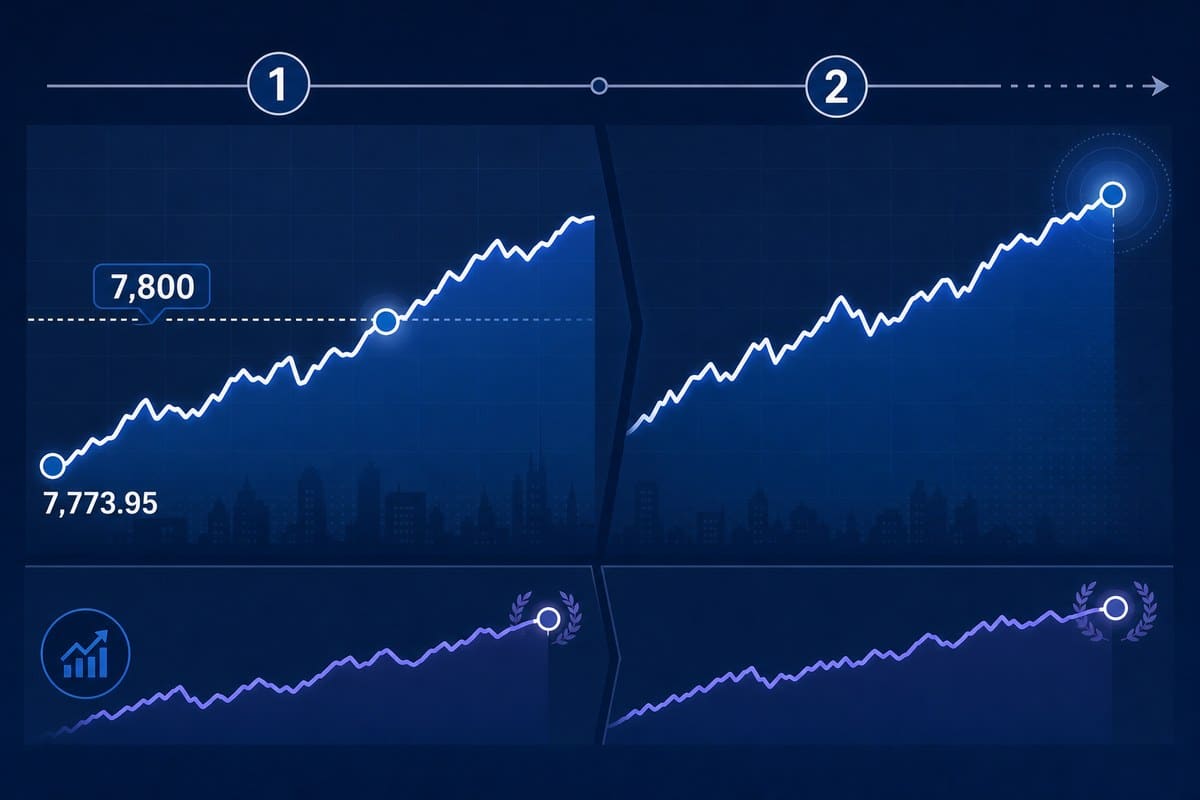 Conceptual two-session timeline showing the S&P 500 moving from 7,773.95 past 7,800 while the Nasdaq remains at record levels.