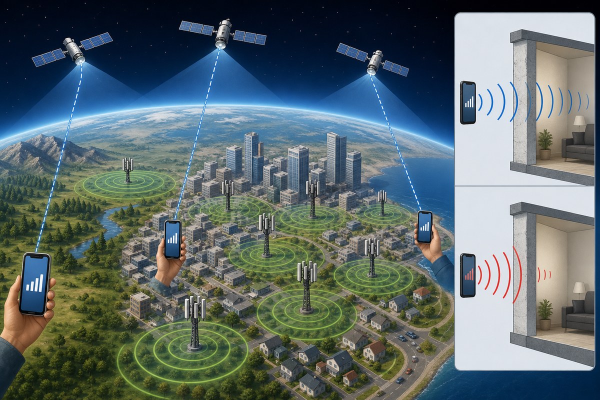 Conceptual diagram showing satellites and ground towers providing complementary mobile coverage.