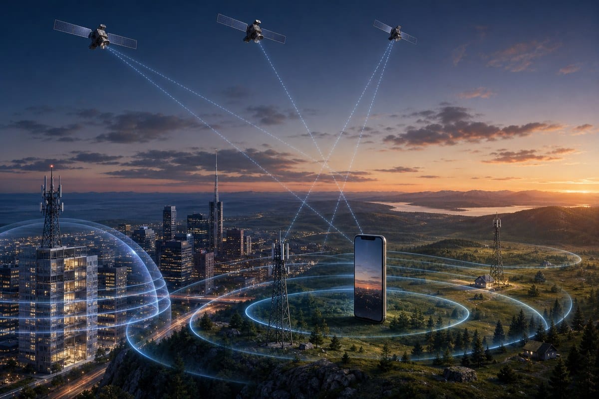 Conceptual illustration of satellites, cellular towers and a smartphone linked by wireless signals.