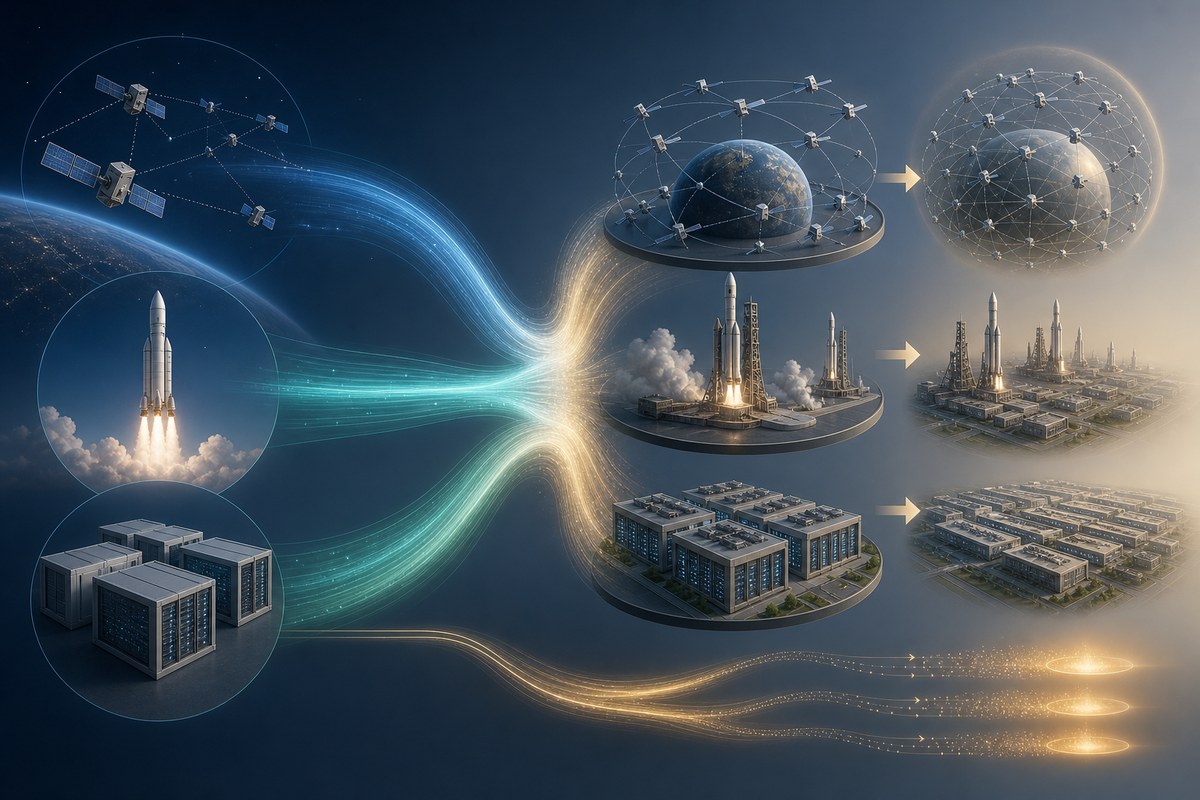 Conceptual illustration showing investment flowing into satellites, rockets and computing infrastructure.