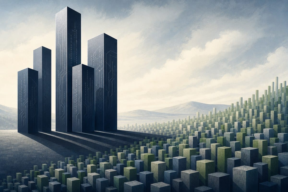 Oversized technology towers overshadowing many smaller rising blocks