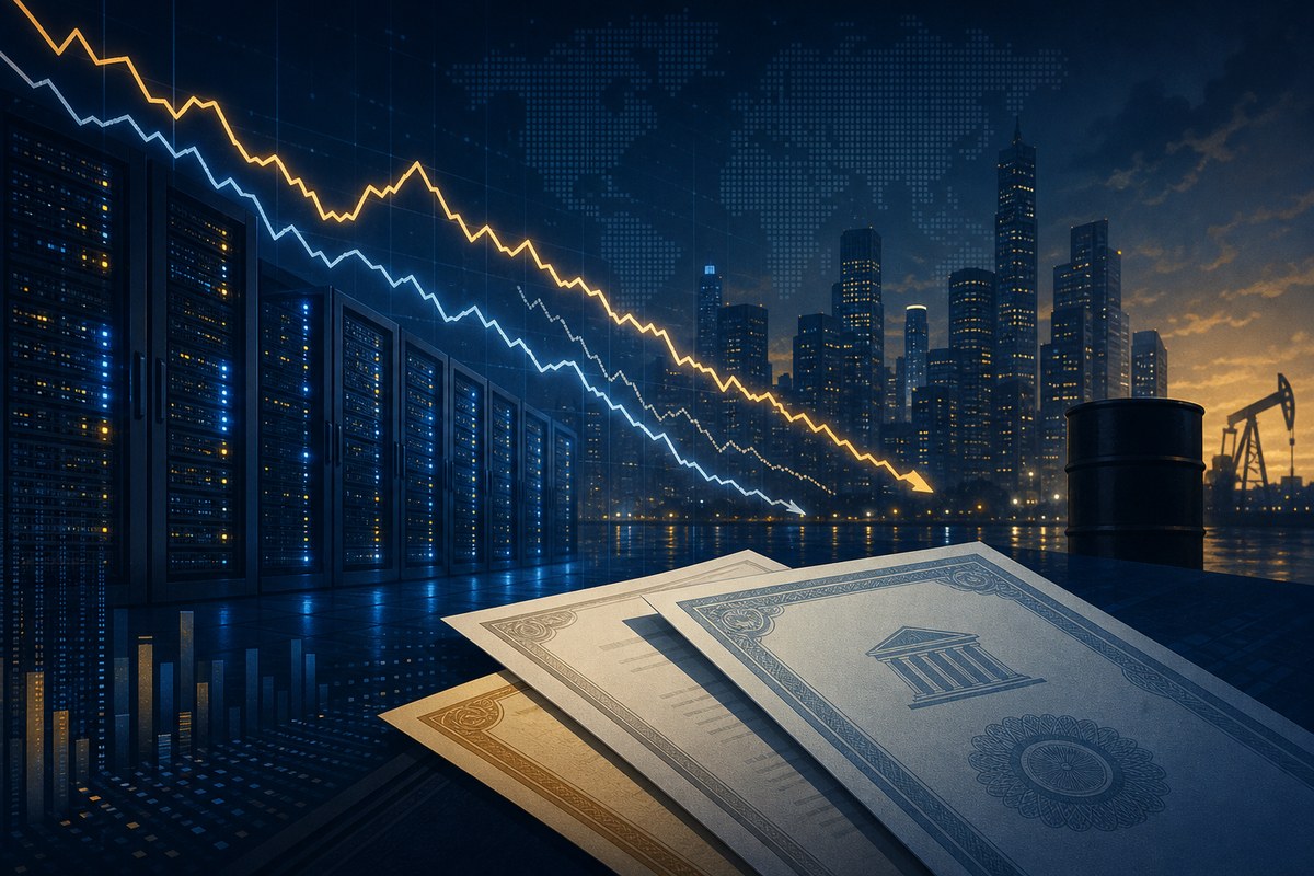 Abstract data-center skyline with falling market lines and bond documents