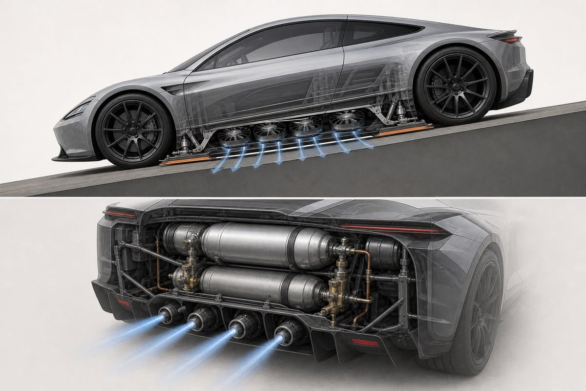 Conceptual cutaway of a sports car’s downforce system and compressed-gas thrusters.
