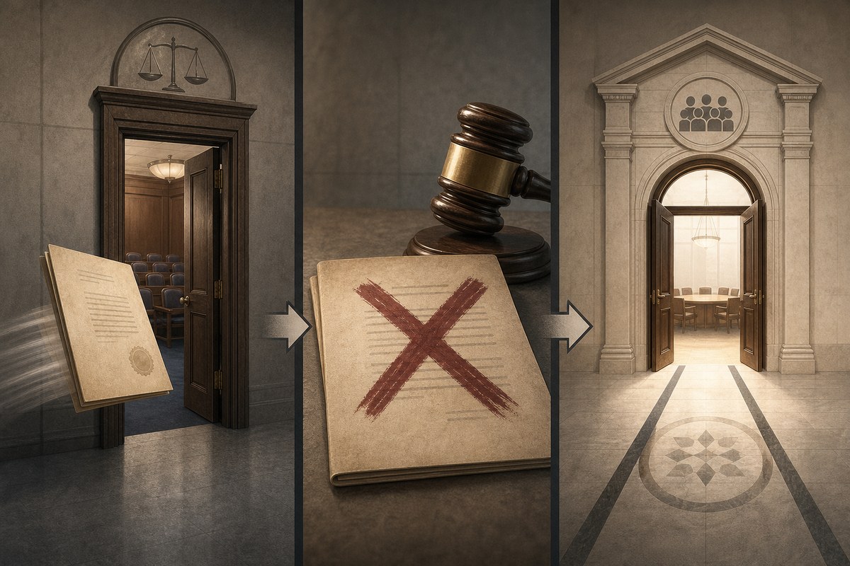 A conceptual sequence showing an indictment set aside and a possible new grand-jury process.