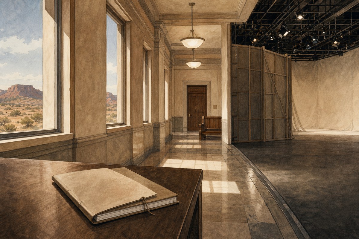 A courthouse corridor blending into an empty television soundstage with a closed script folder.