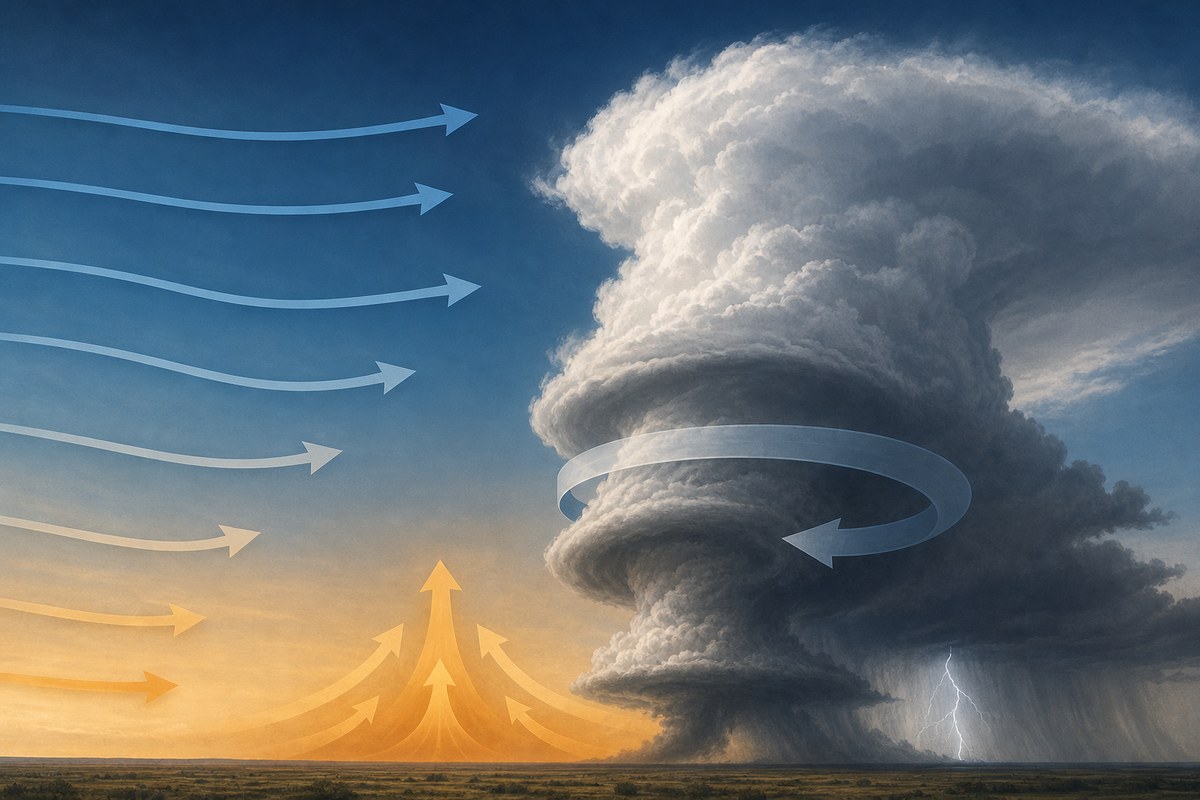 Conceptual illustration of rising unstable air and changing winds helping a thunderstorm rotate.