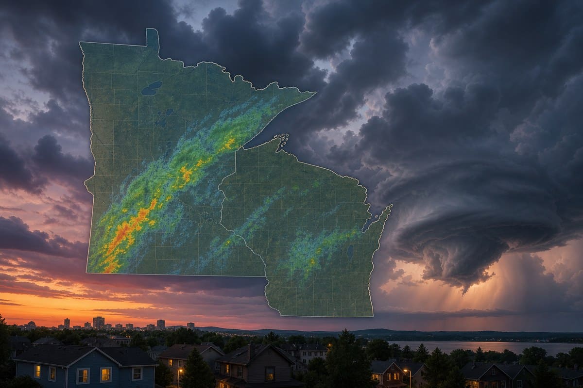 Illustrated storm clouds and rain bands over a stylized Minnesota and western Wisconsin landscape at dusk.