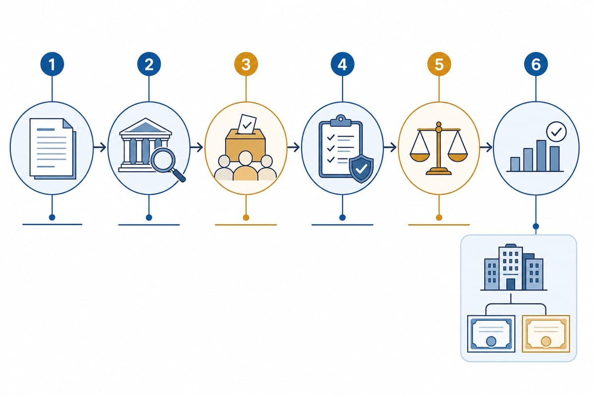 Conceptual sequence showing SEC review, investor votes and other steps before a merger can close