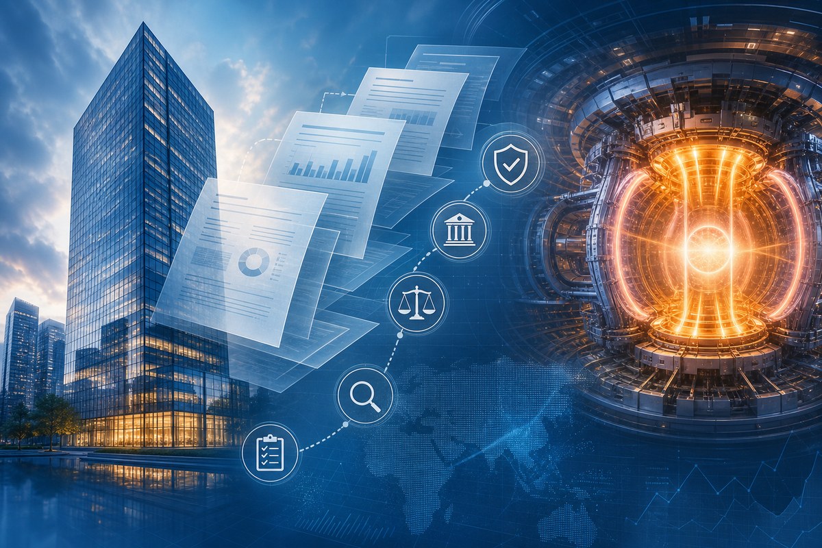 Abstract corporate tower and fusion reactor connected by regulatory documents