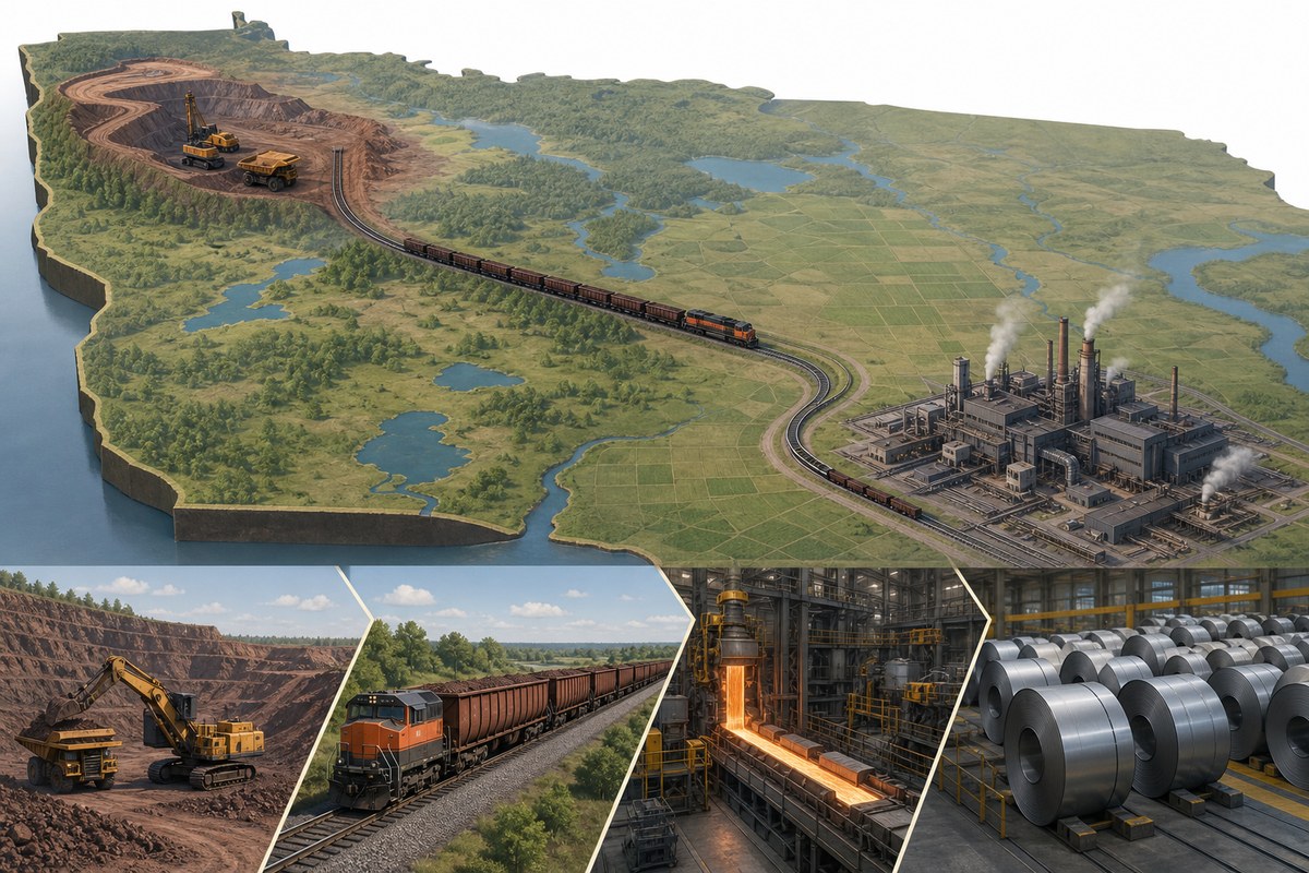 Conceptual illustration of ore moving from a mine by rail to a steel complex