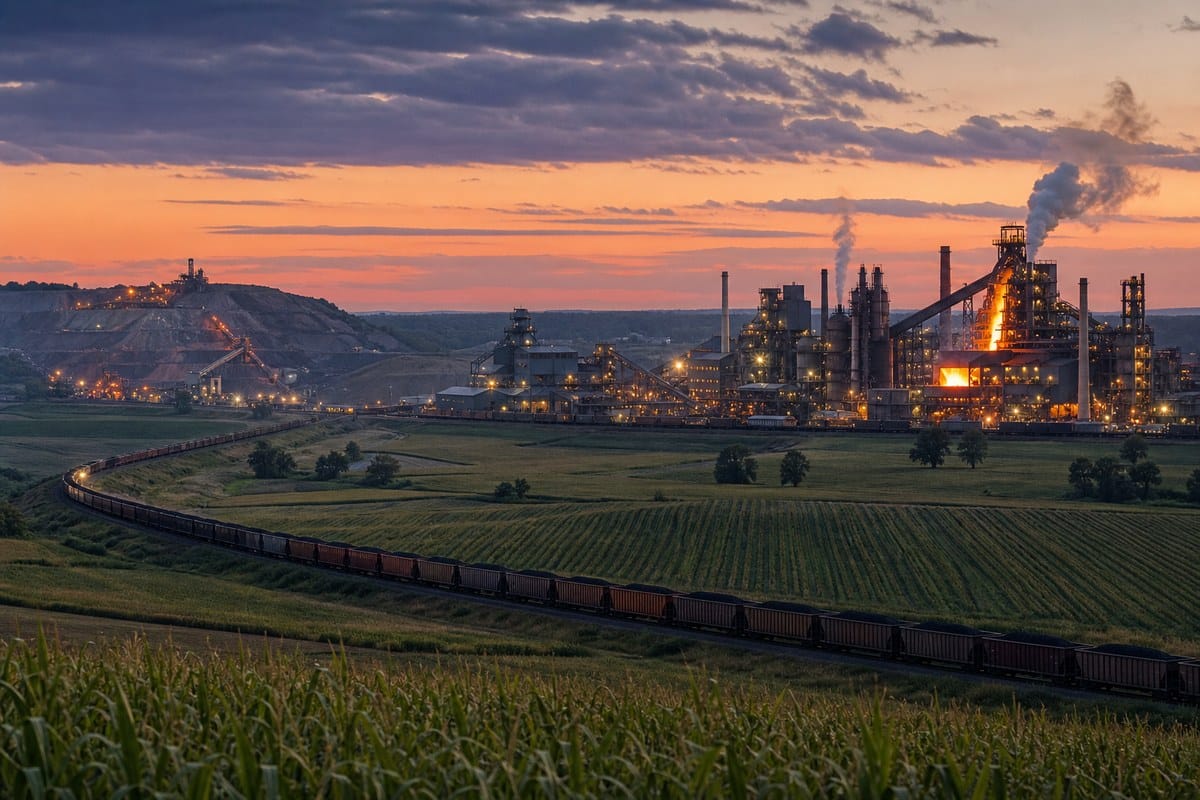 Illustration of a steel mill linked by rail to an iron ore mine across farmland