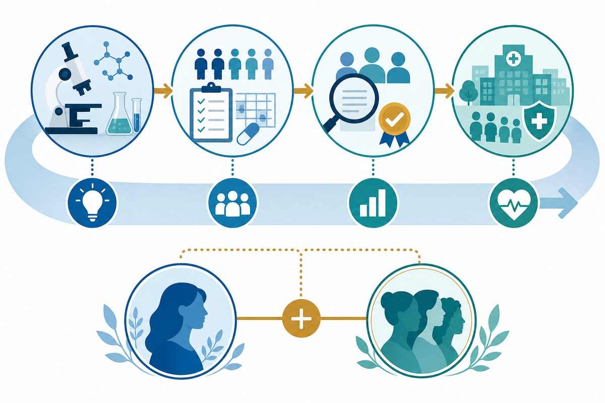Diagram-like illustration connecting research, clinical trials, grant review and public-health agencies.