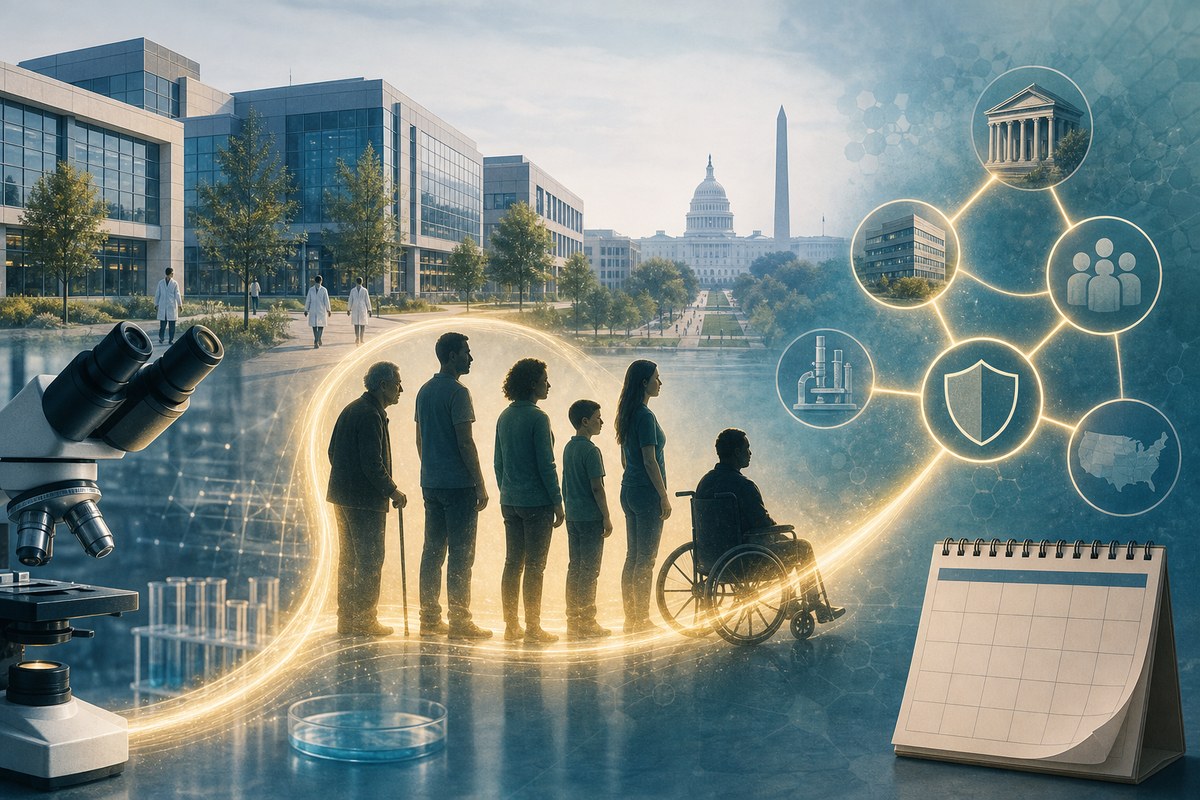 Conceptual illustration of a research campus linked to clinical trial and public-health symbols.