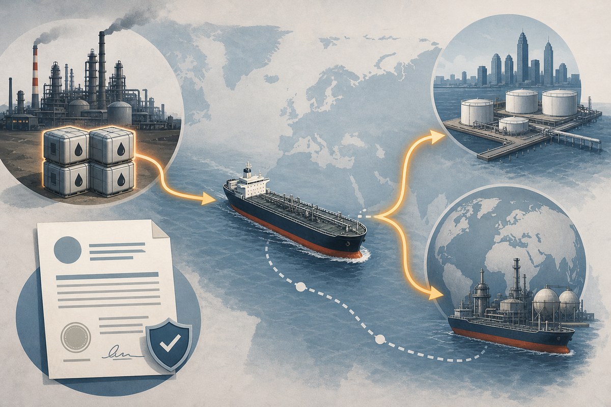 Conceptual illustration of staged diesel shipments moving by tanker under a temporary trade permit.